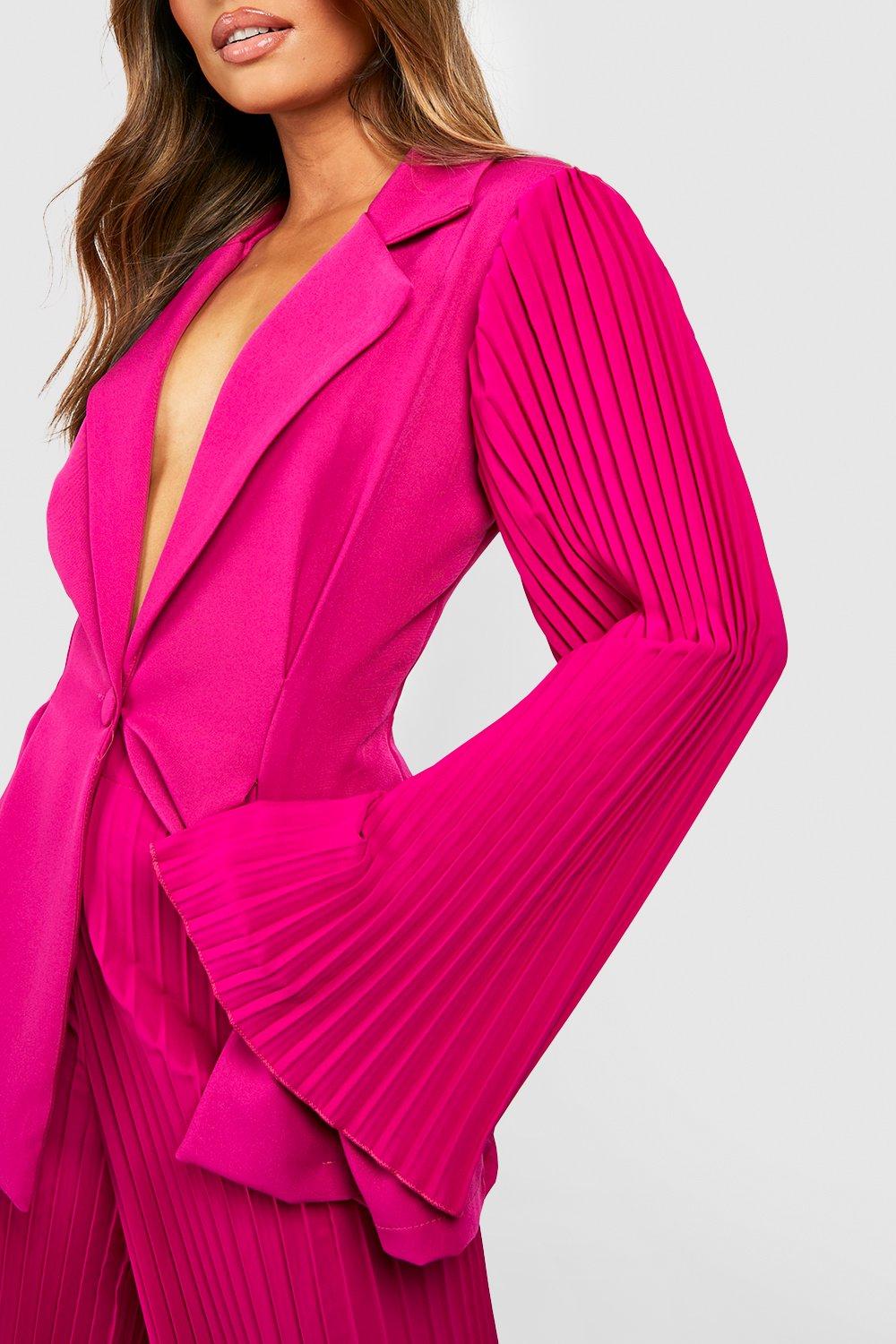 Hot Pink Flared Pants Suit Set With Blazer, Pink Blazer Trouser