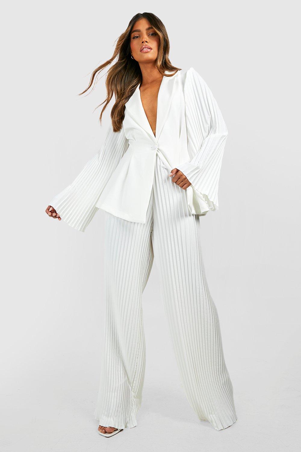 White pleated wide leg on sale trousers