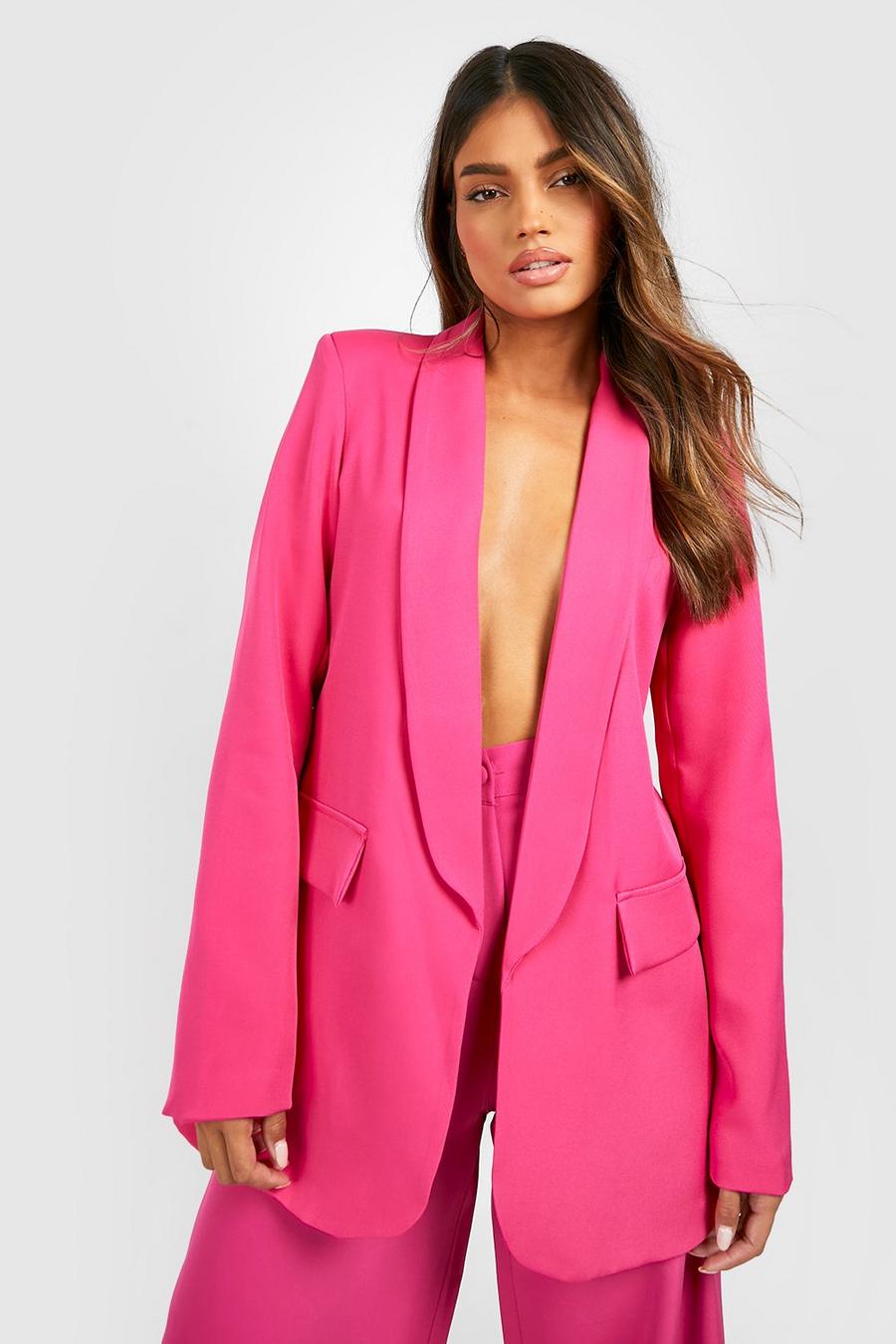 Hot pink rose Longline Curved Hem Relaxed Fit Tailored Blazer