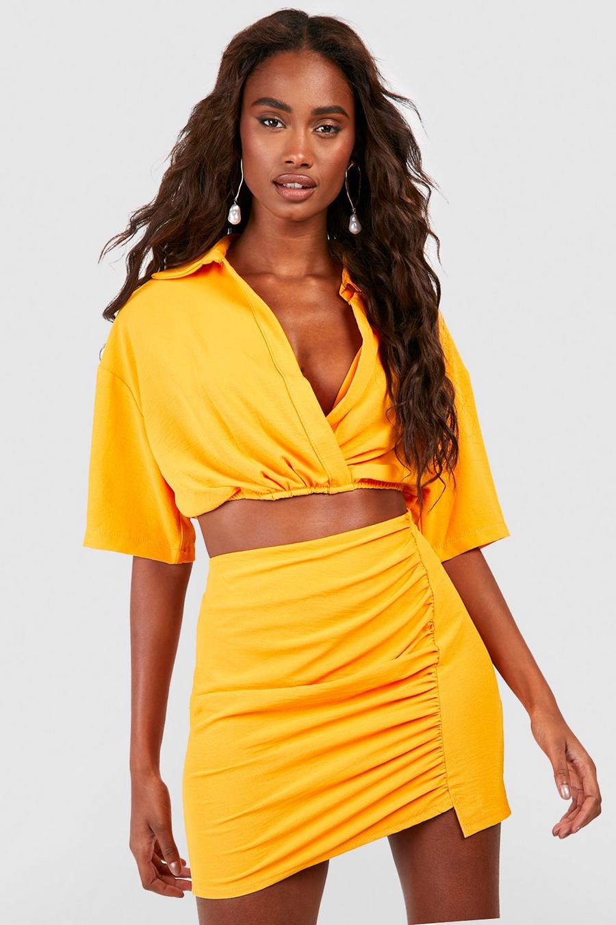 Orange Linen Look Ruched Front Mini Skirt image number 1