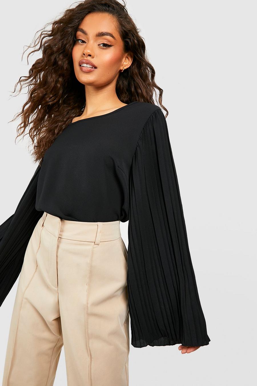 Black Pleat Long Sleeve Woven Blouse image number 1