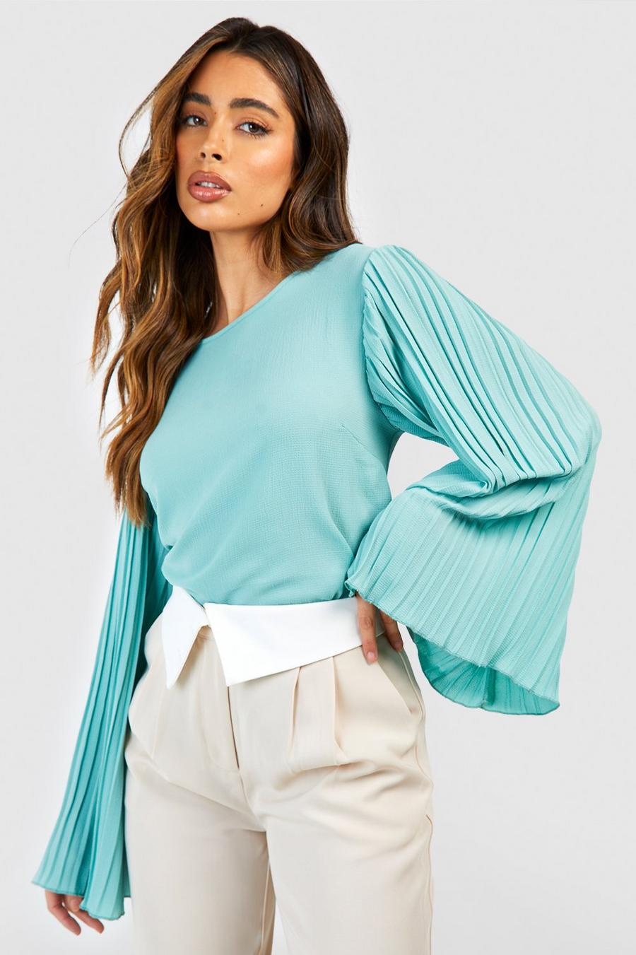 Sage Pleat Long Sleeve Woven Blouse image number 1
