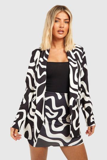 Black Jersey Knit Abstract Print Blazer & Micro Mini Skirt