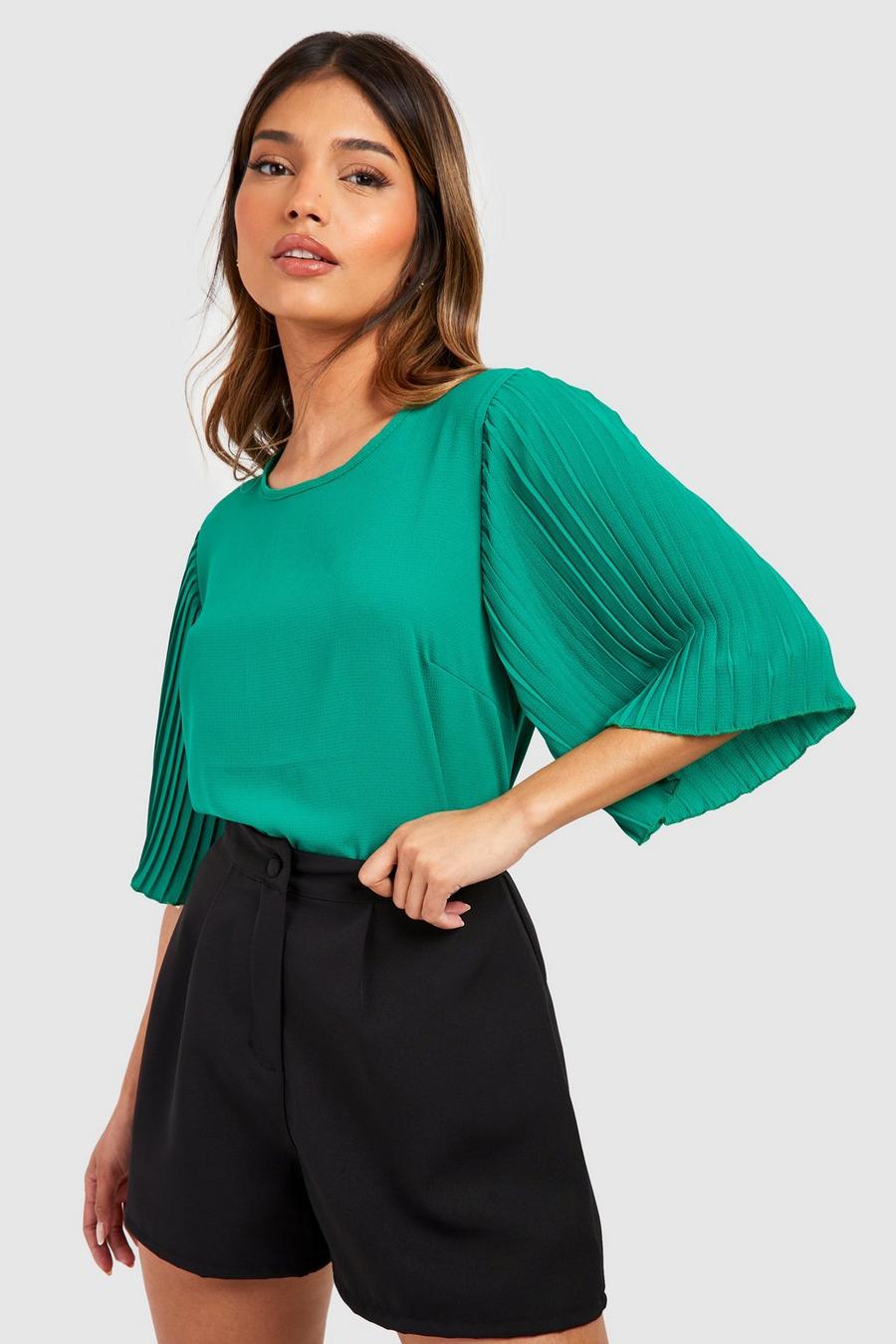 Bright green Pleat Sleeve Woven Blouse