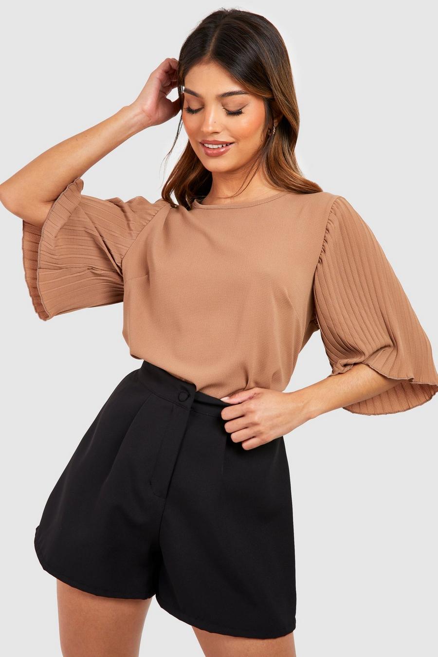 Camel Pleat Sleeve Woven Blouse image number 1