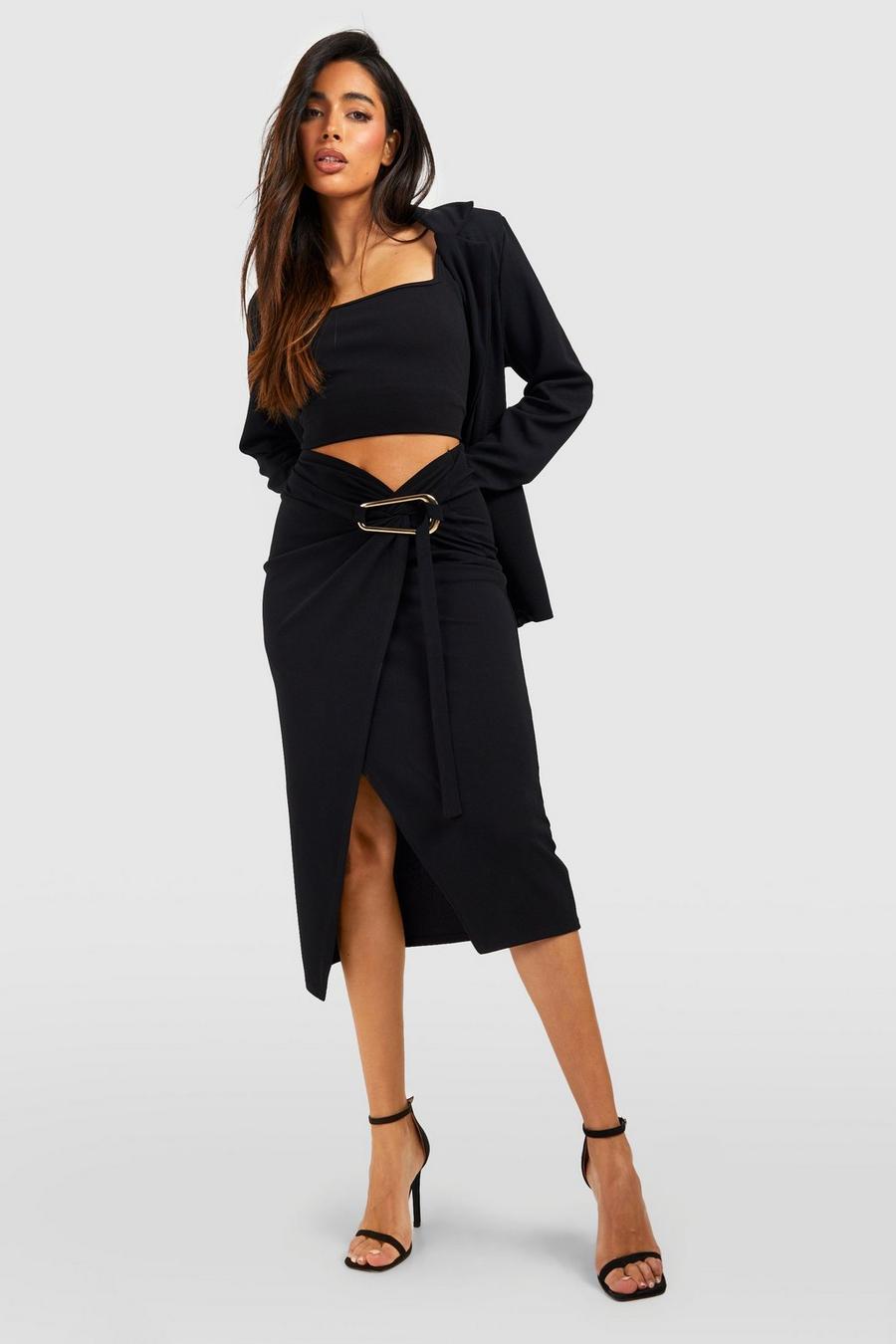 Black Jersey Knit Crepe Thigh Split Wrap Midi Skirt