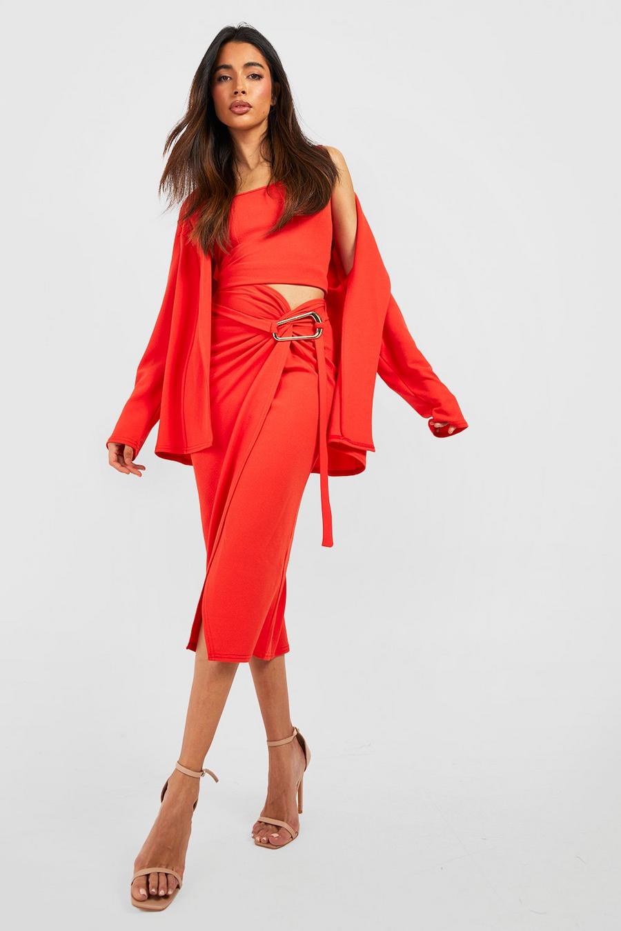 Jersey Crepe Thigh Split Wrap Midaxi Skirt, Red orange rojo