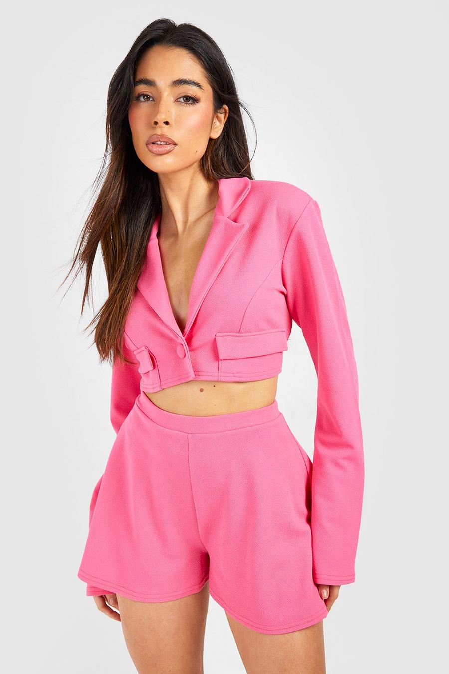 Hot pink rose Jersey Crepe Pocket Detail Cropped Blazer
