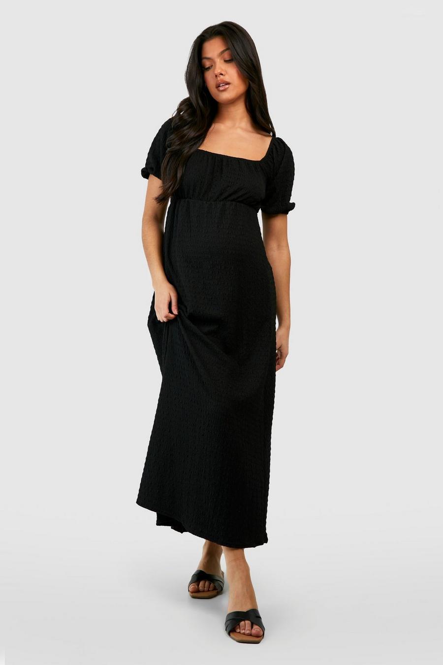Black Maternity Textured Puff Sleeve Midi Dress image number 1