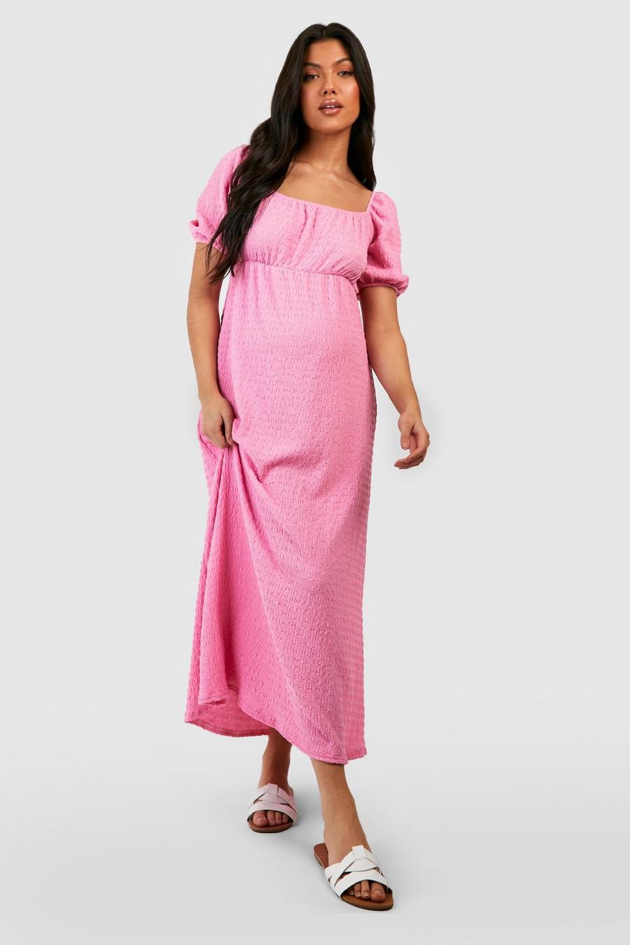 Pink Maternity Textured Puff Sleeve Midaxi Dress