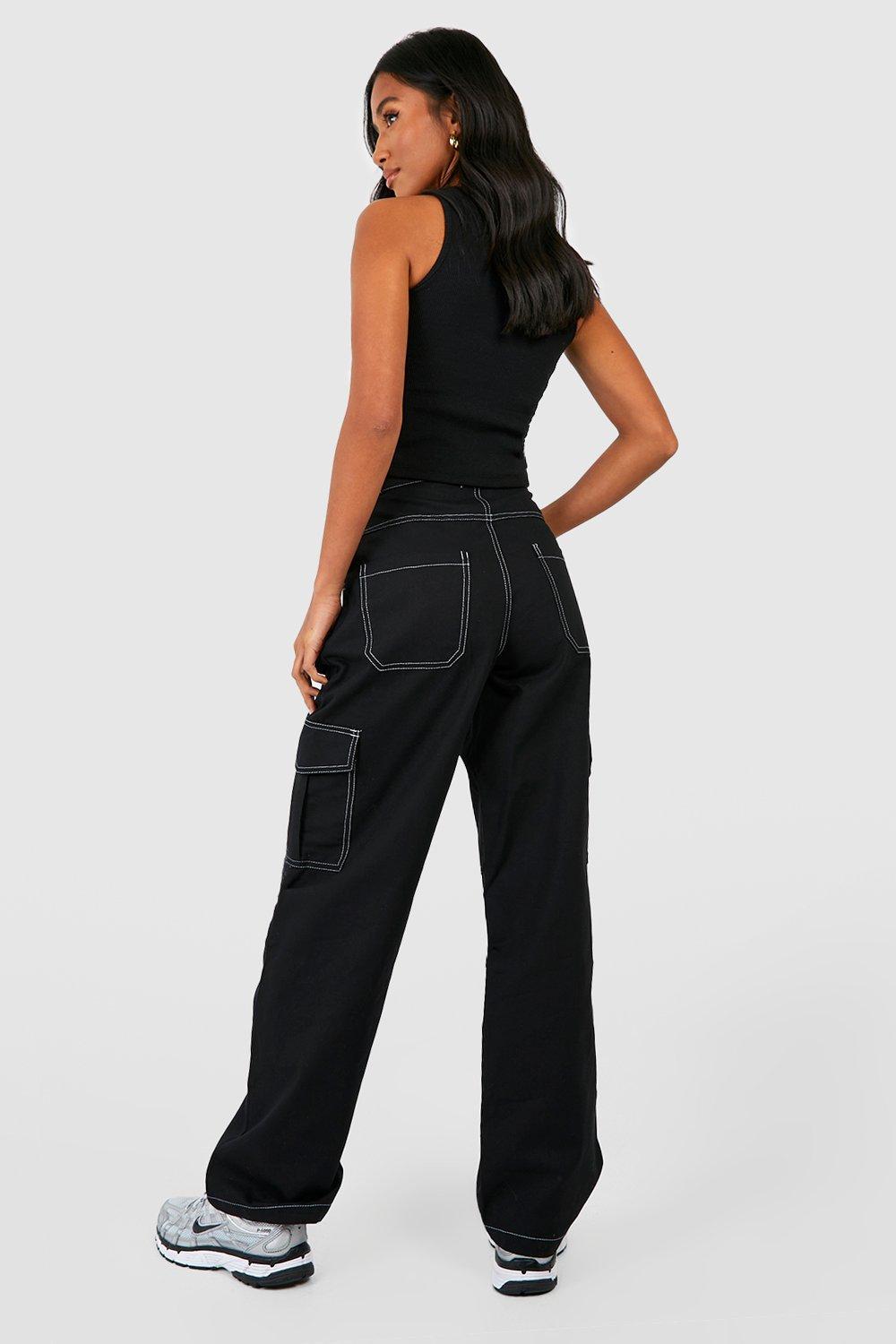 Petite Contrast Stitch Loose Cargo Pants