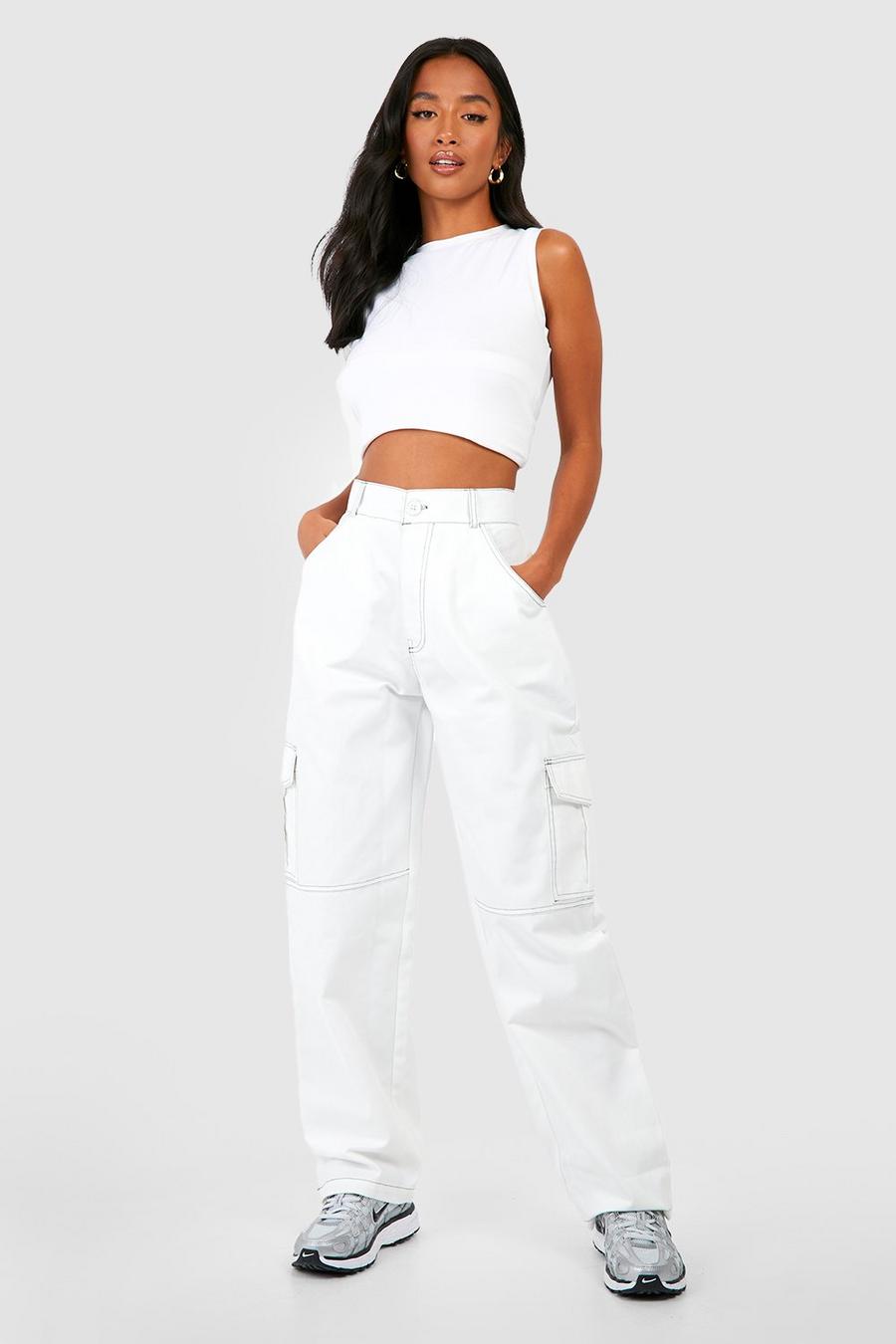 Ecru Petite Contrast Stitch Loose Cargo styled Trouser image number 1