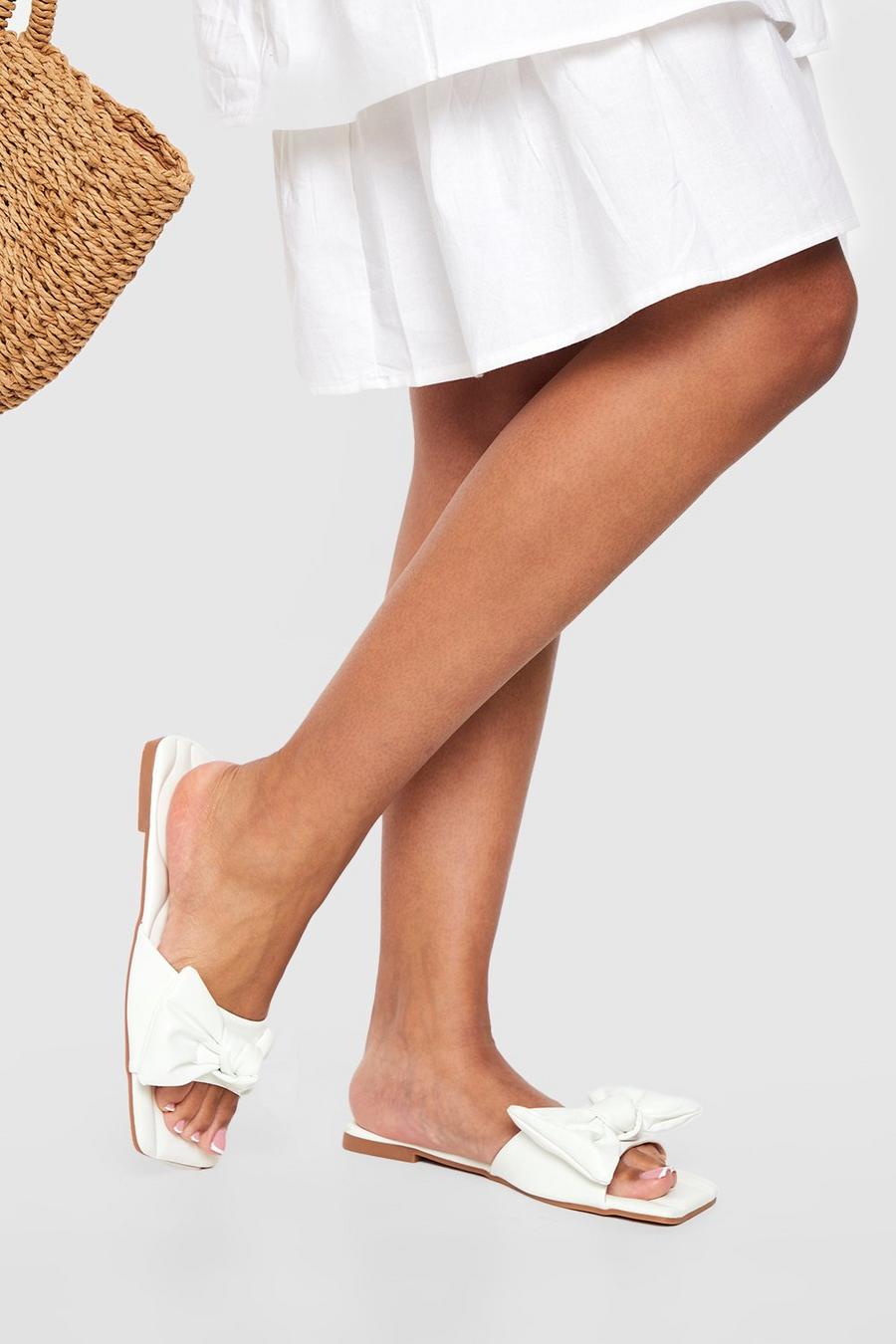 White Bow Detail Square Toe Slip On Sandals image number 1