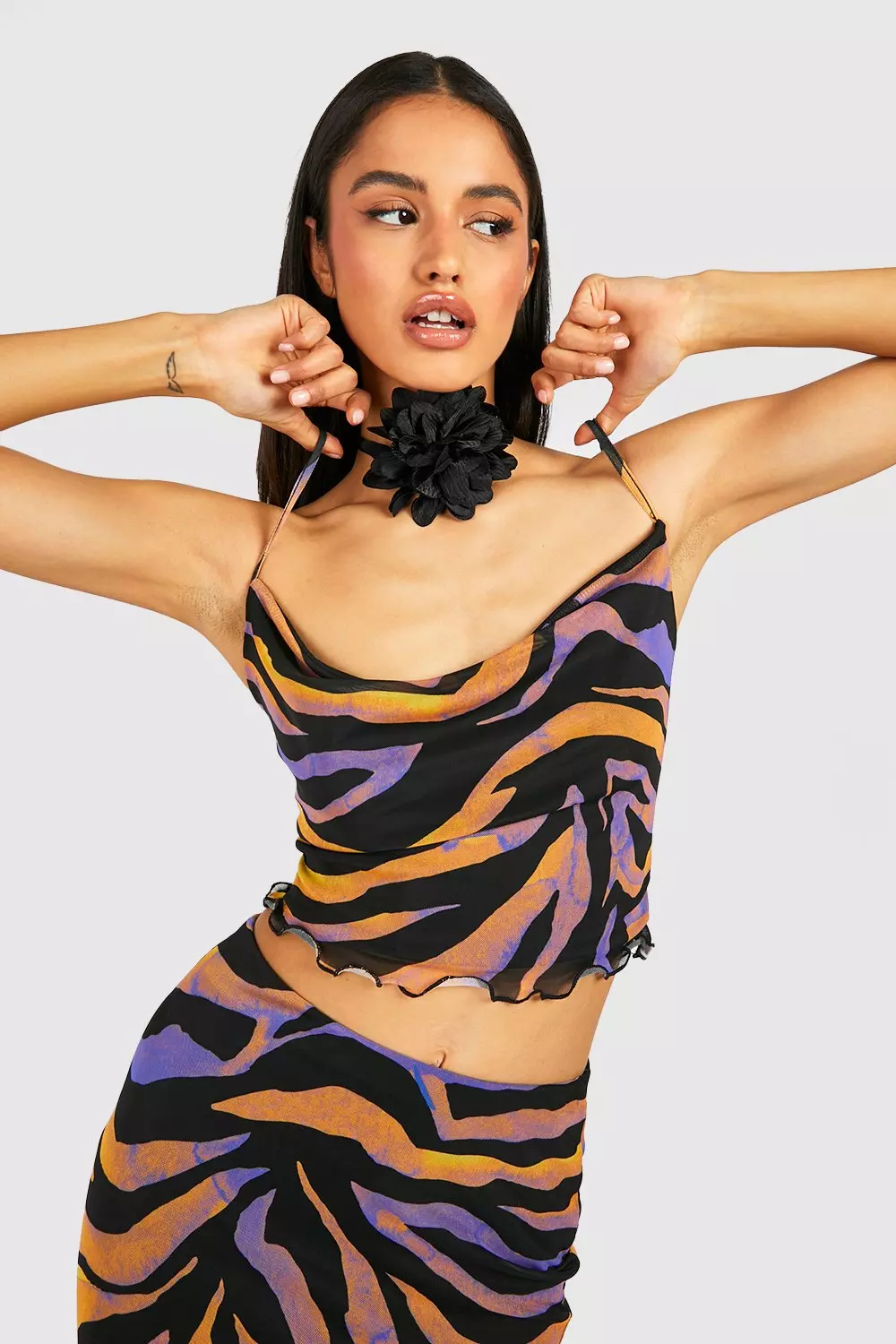 Black Mesh Zebra Cowl Neck Cami alternative image