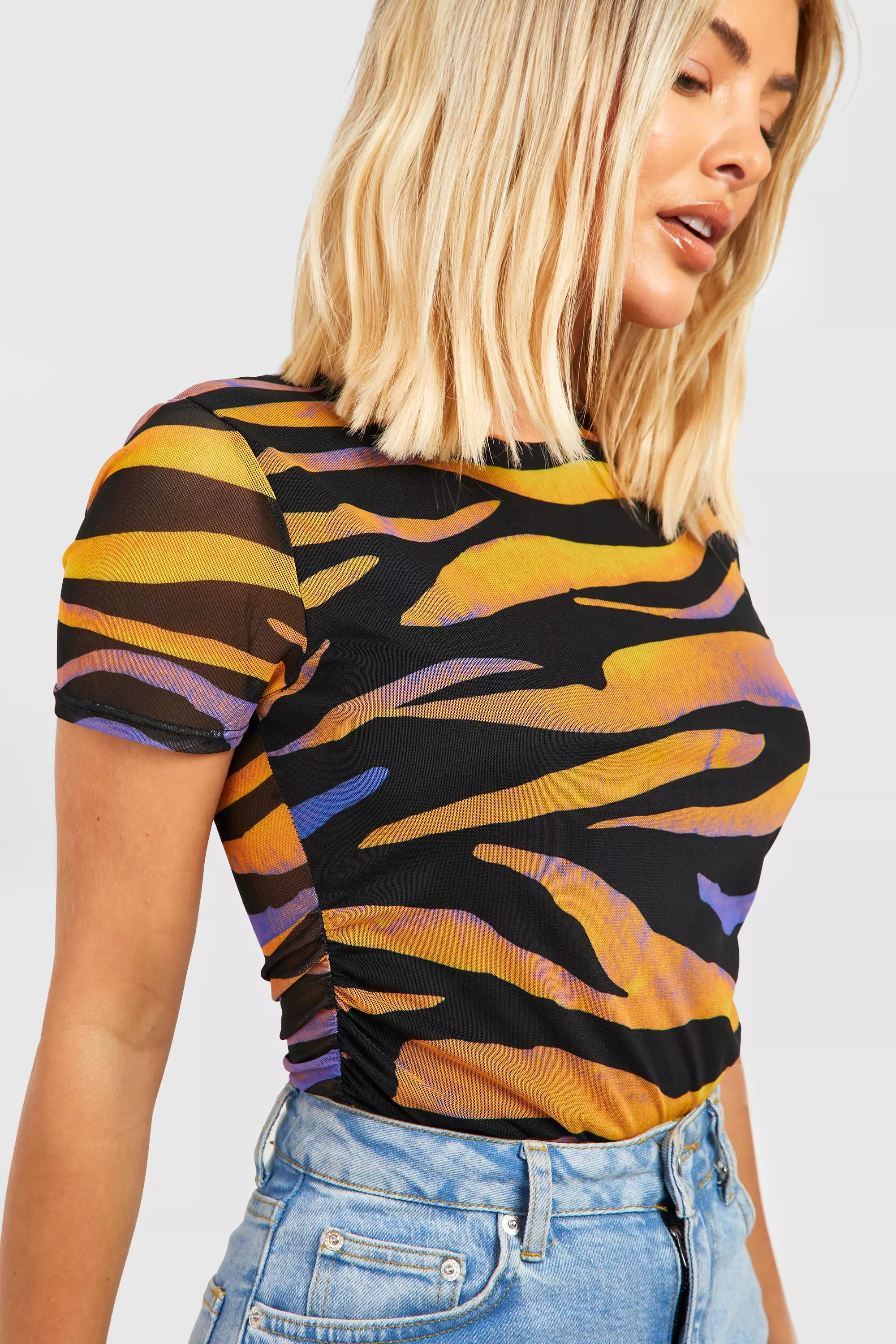 Mesh Zebra Print Ruched Top alternative image