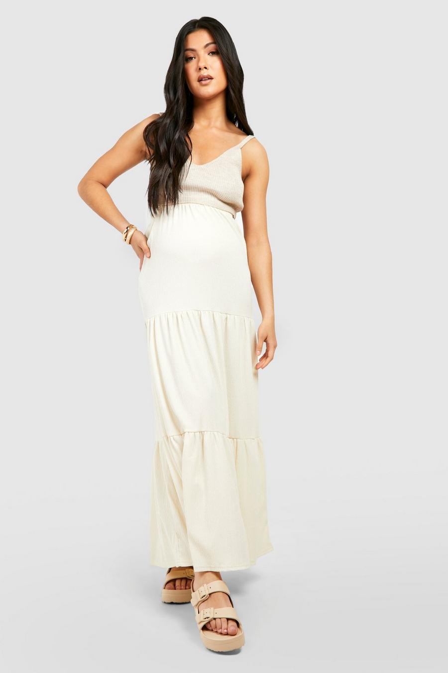 Ivory white Maternity Textured Tiered Maxi Skirt
