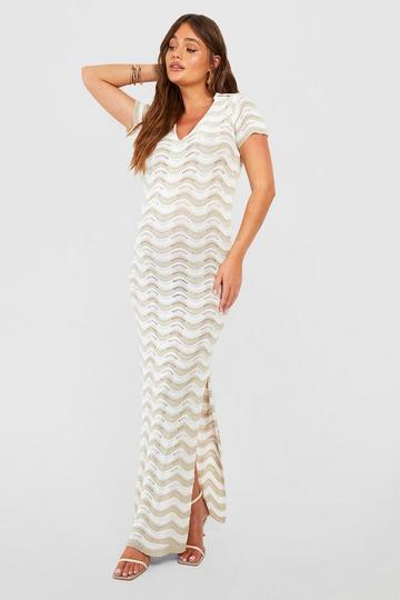 Maternity Crochet Wave Collar Maxi Dress stone