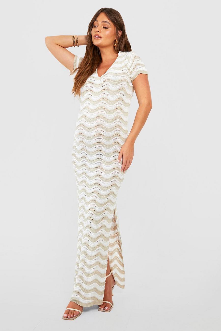 Stone beige Maternity Crochet Wave Collar Maxi Dress