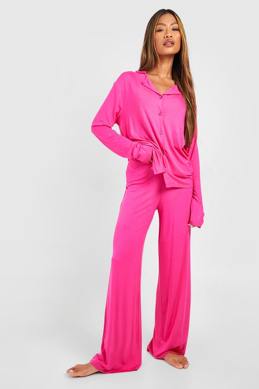 Hot pink Pyjamasbyxor i jersey med vida ben image number 1
