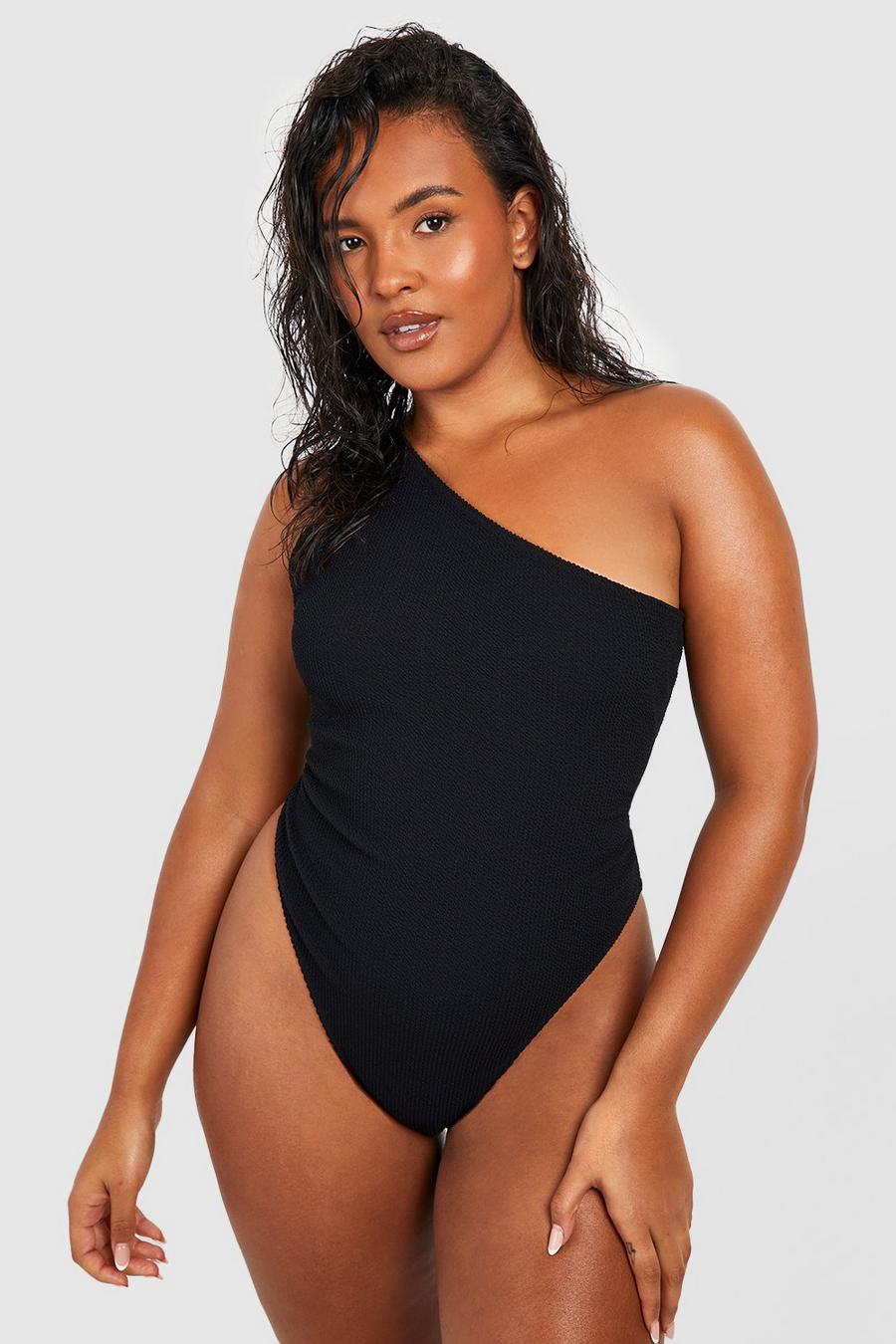 Black Plus Crinkle One Shoulder Swimsuit