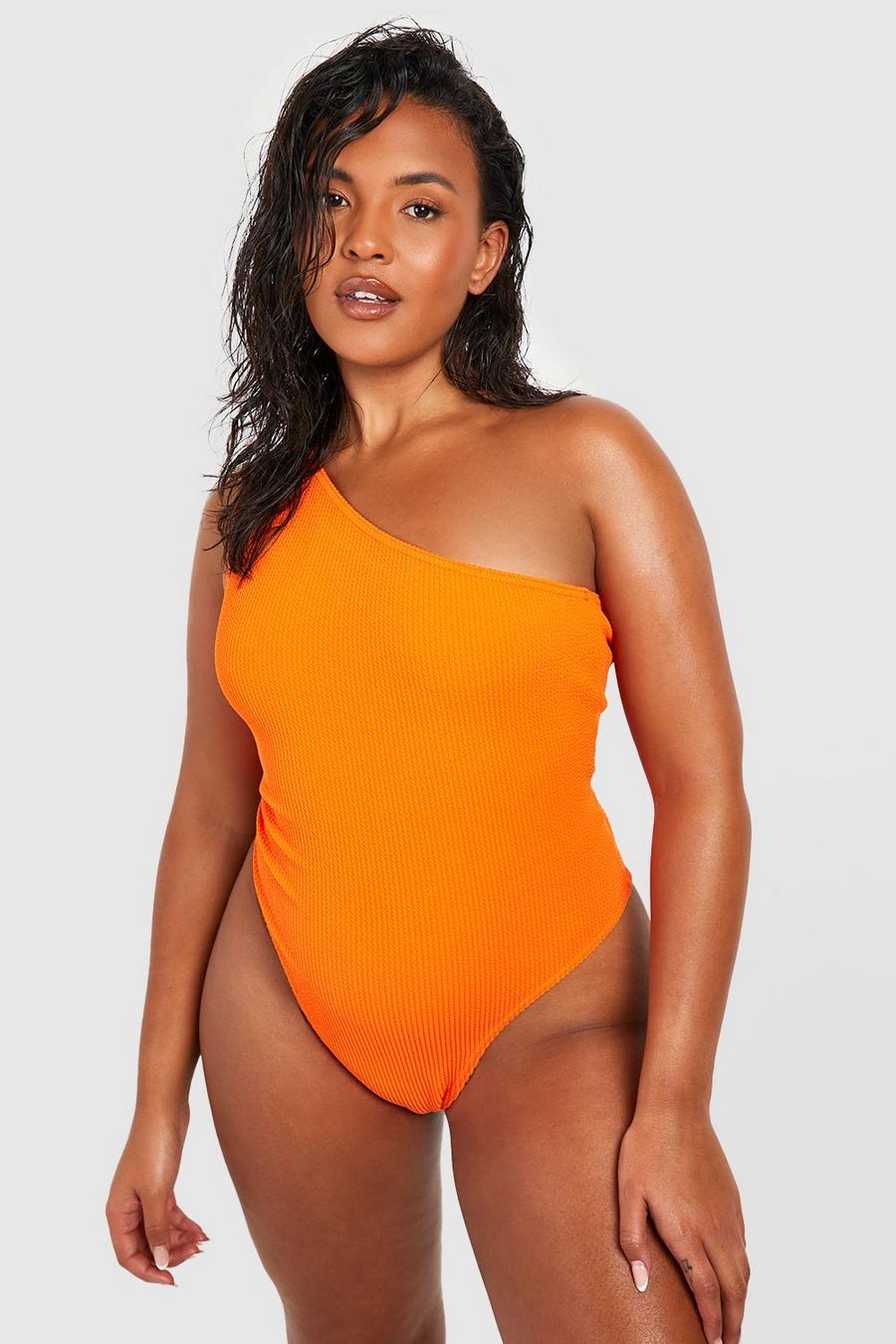 Plus einärmliger Badeanzug in Knitteroptik, Neon-orange image number 1