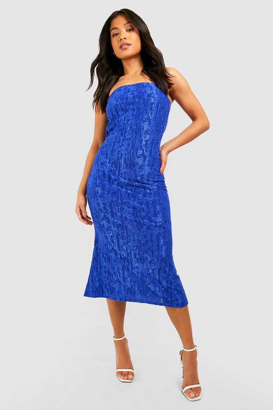 Cobalt blå Petite Textured Slinky Drape Back Midaxi Dress 