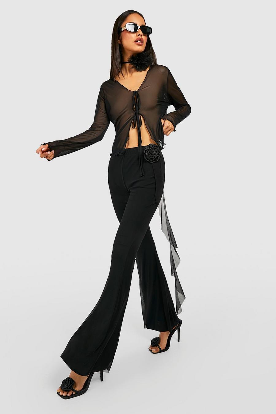 Rose Corsage Mesh Layered Flared Pants image number 1