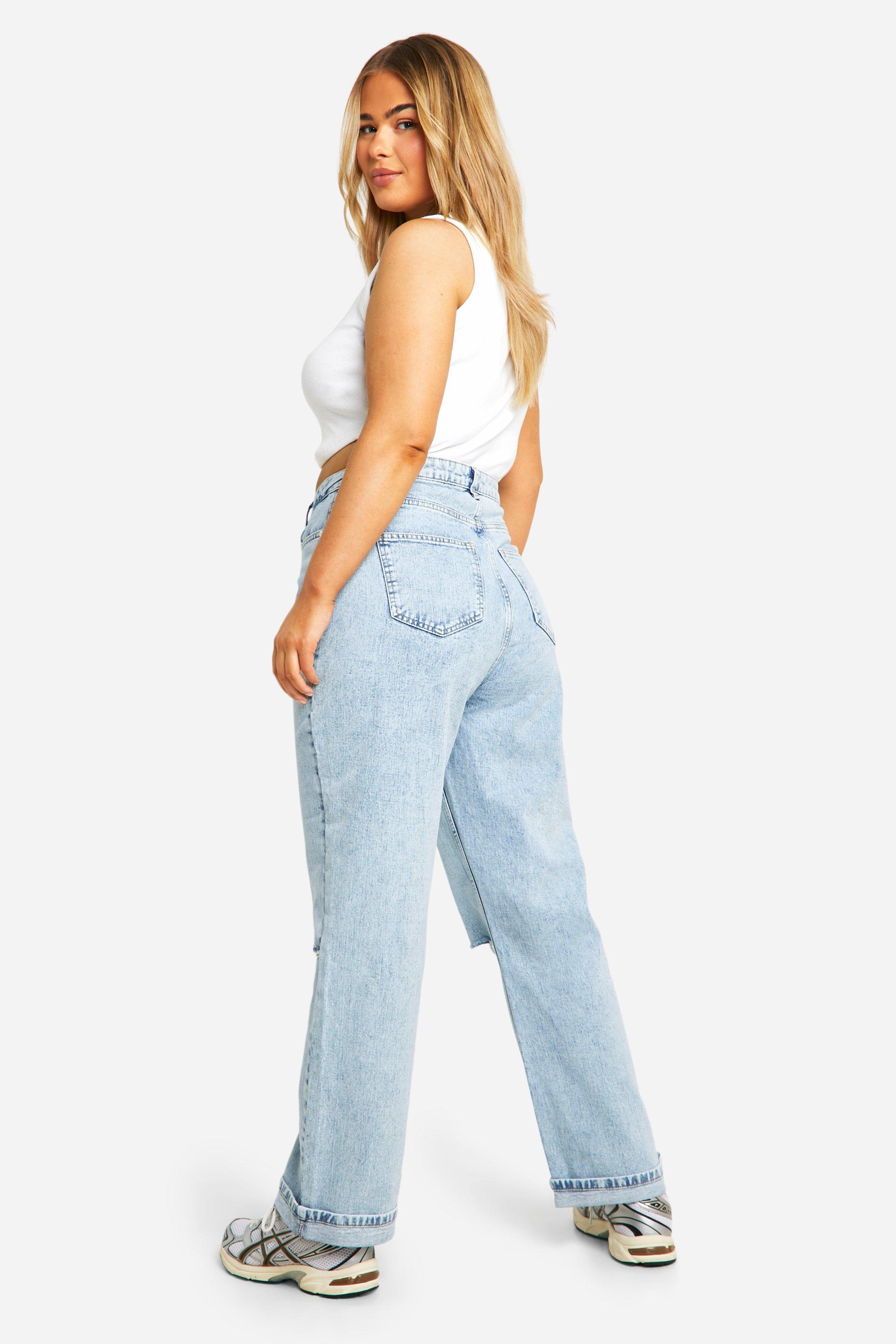 Plus Light Wash Knee Rip Straight Leg Jeans