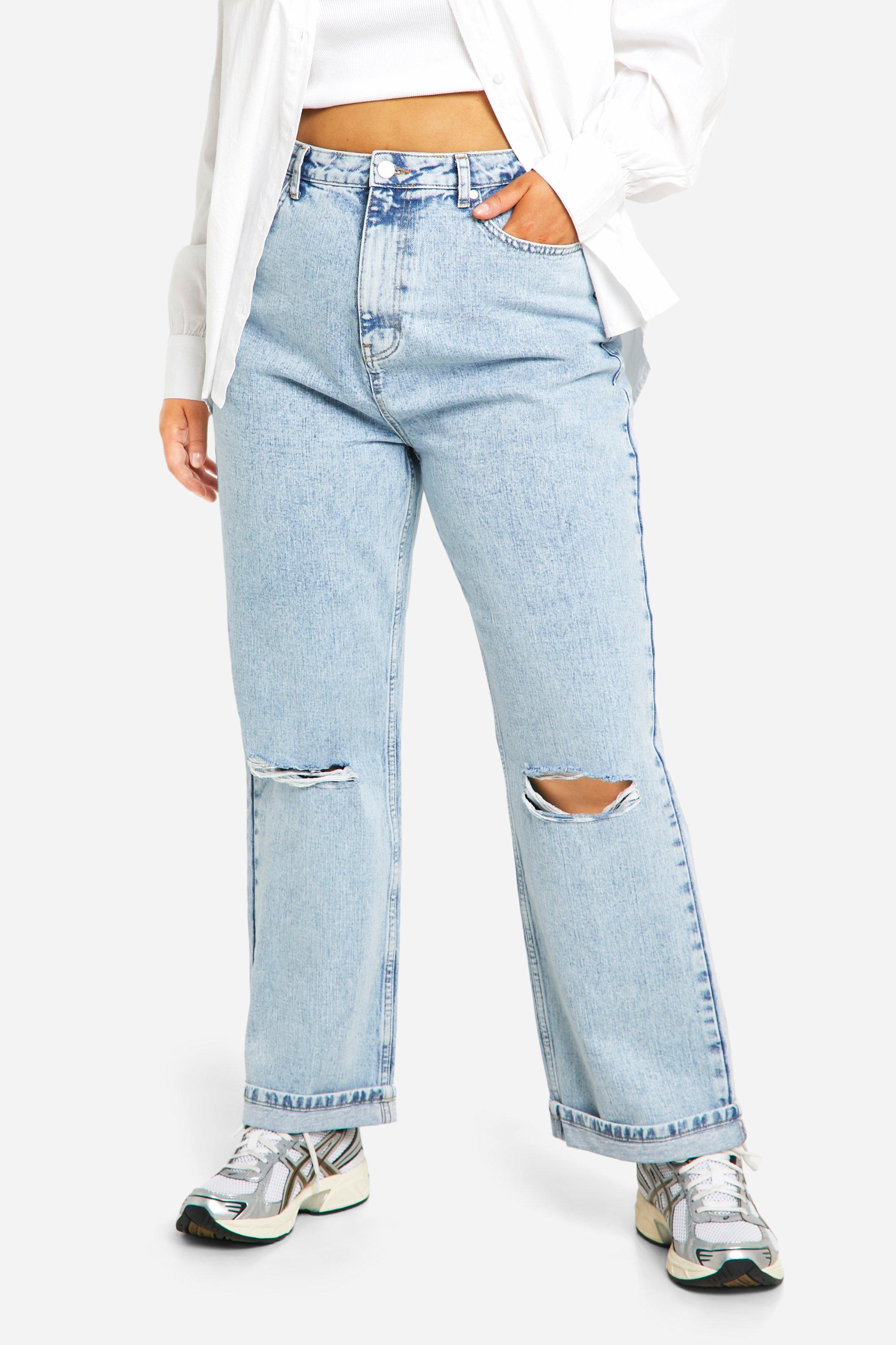 Plus Light Wash Knee Rip Straight Leg Jeans