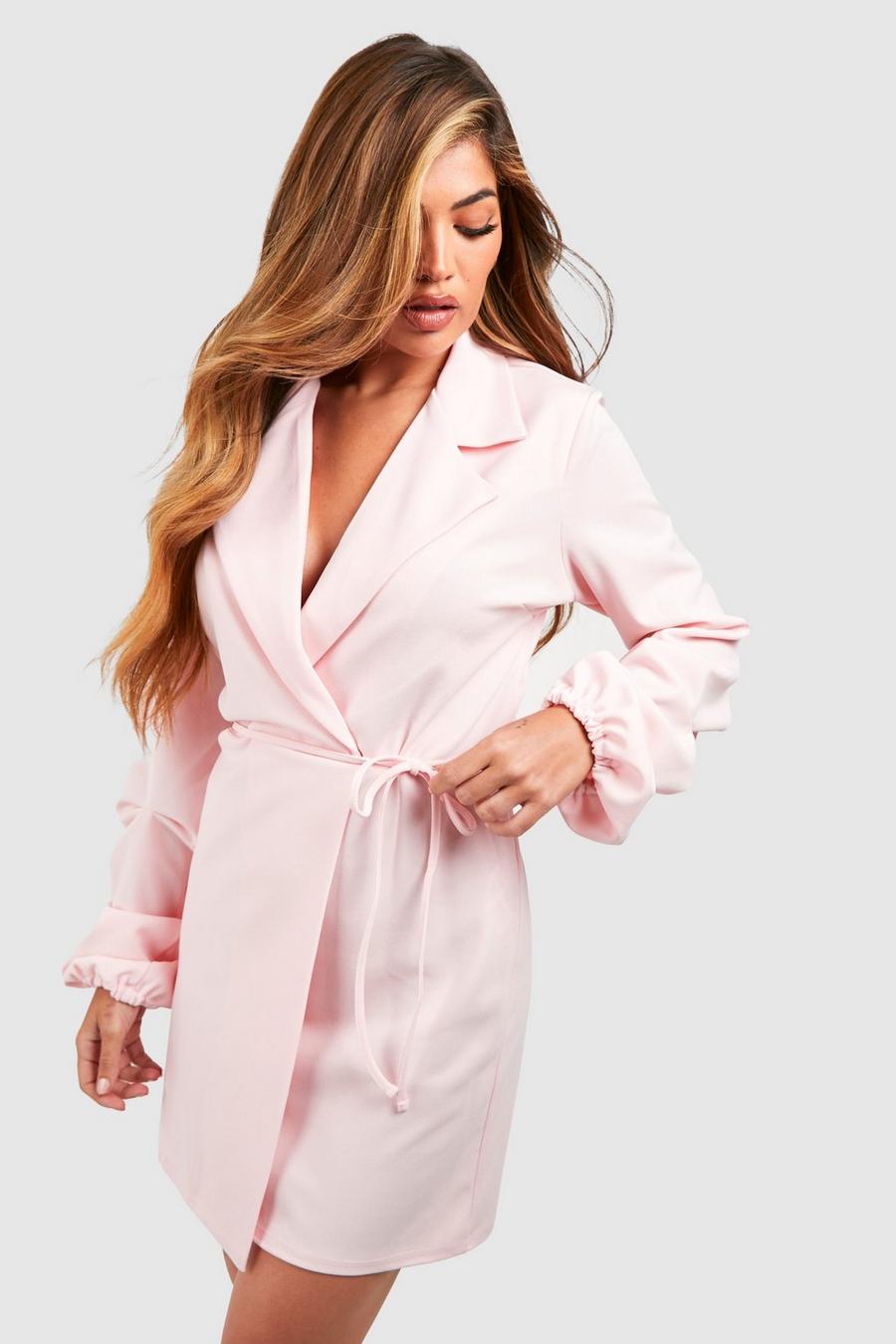 Soft pink Ruched Sleeve Tie Waist Blazer Dress image number 1