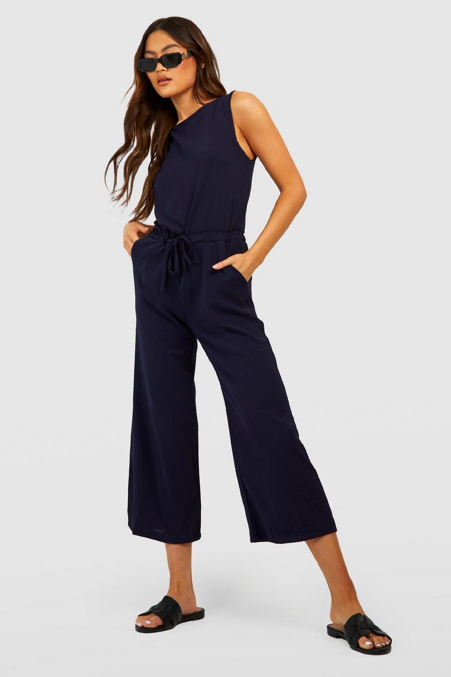 Navy Slouchy Drawstring Waist Culotte Jumpsuit image number 1
