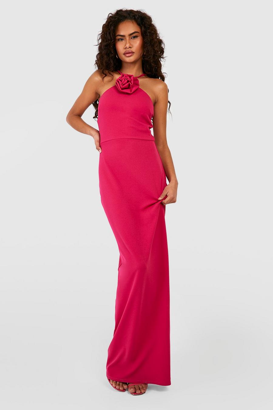 Hot pink rosa Rose Neck Detail Halter Maxi Dress
