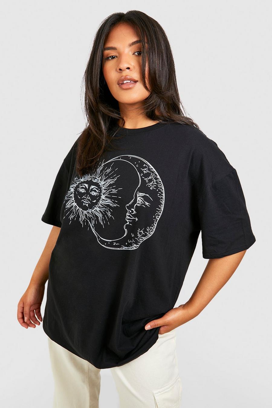 Camiseta Plus oversize con estampado de sol y luna, Black image number 1