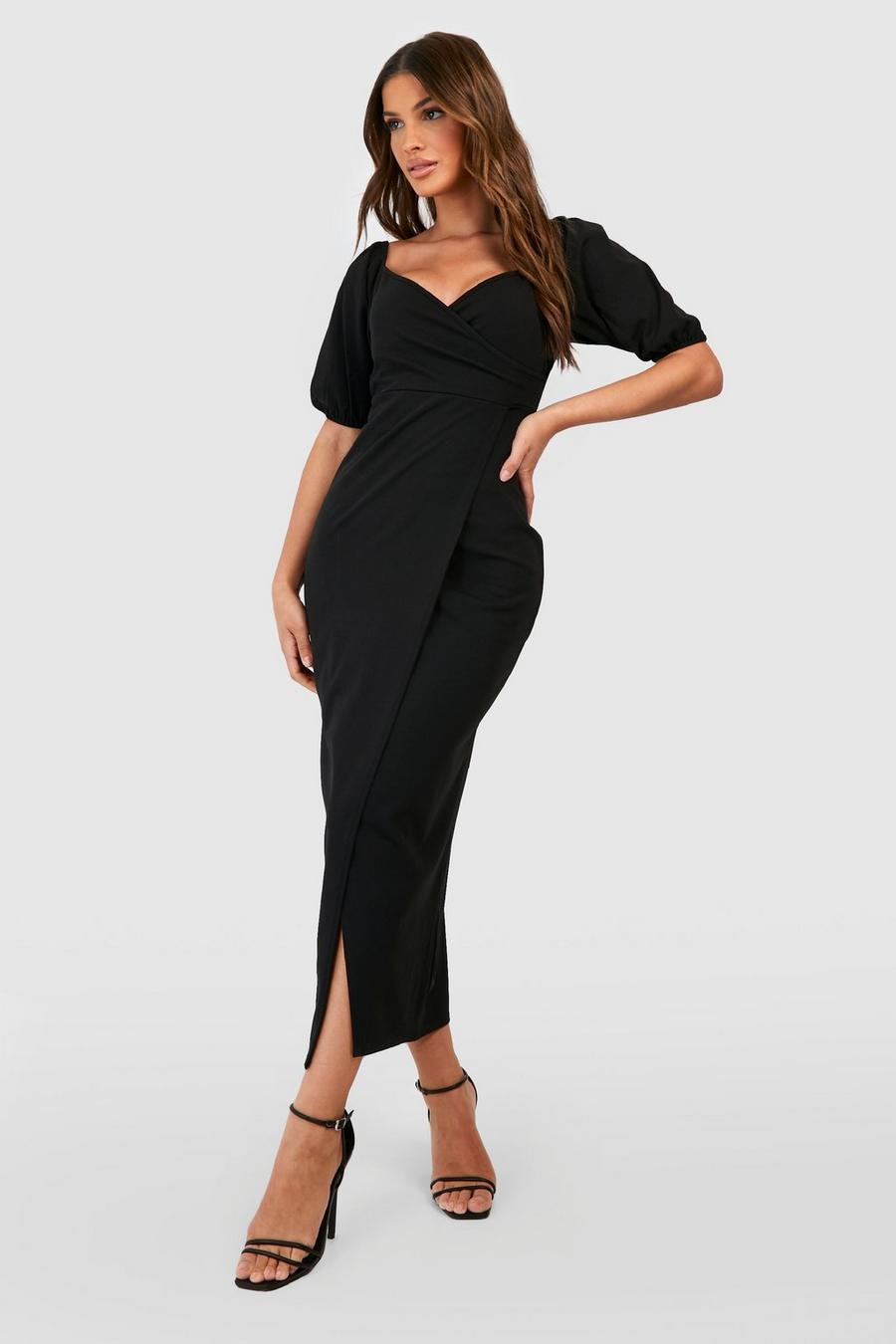 Black Midiklänning i omlottmodell med puffärm image number 1