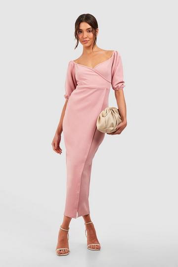 Puff Sleeve Wrap Midi Dress pink