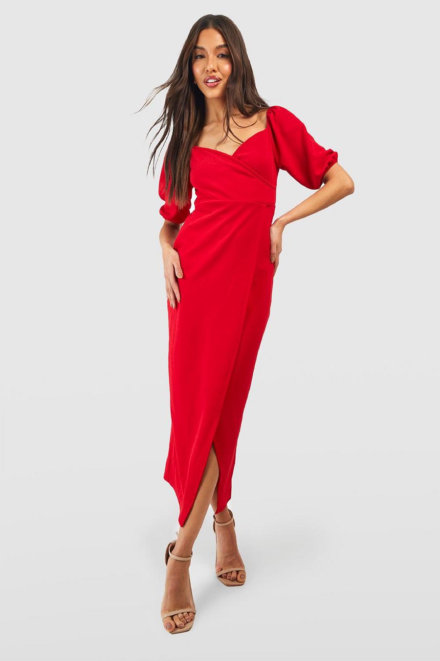 Red Puff Sleeve Wrap Midi Dress