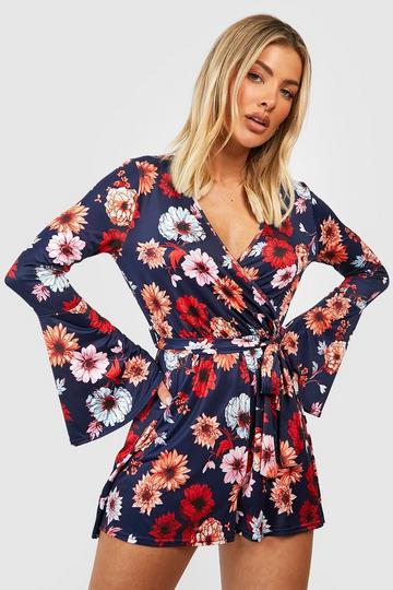 Floral Flare Sleeve Wrap Romper navy