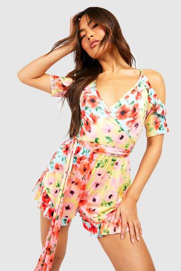 Floral Open Shoulder Ruffle Romper pink