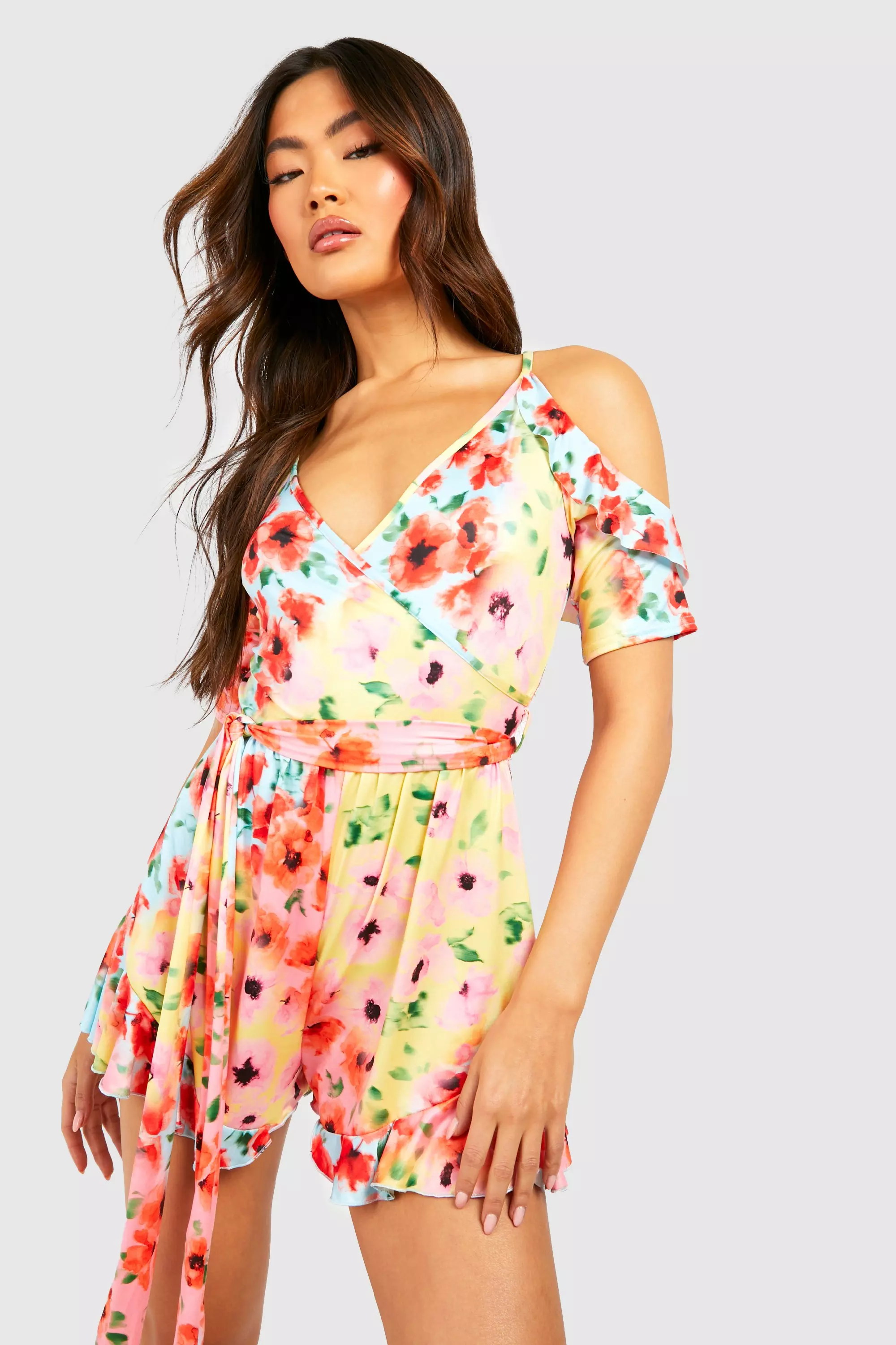 Pink Floral Open Shoulder Ruffle Playsuit صورة بديلة