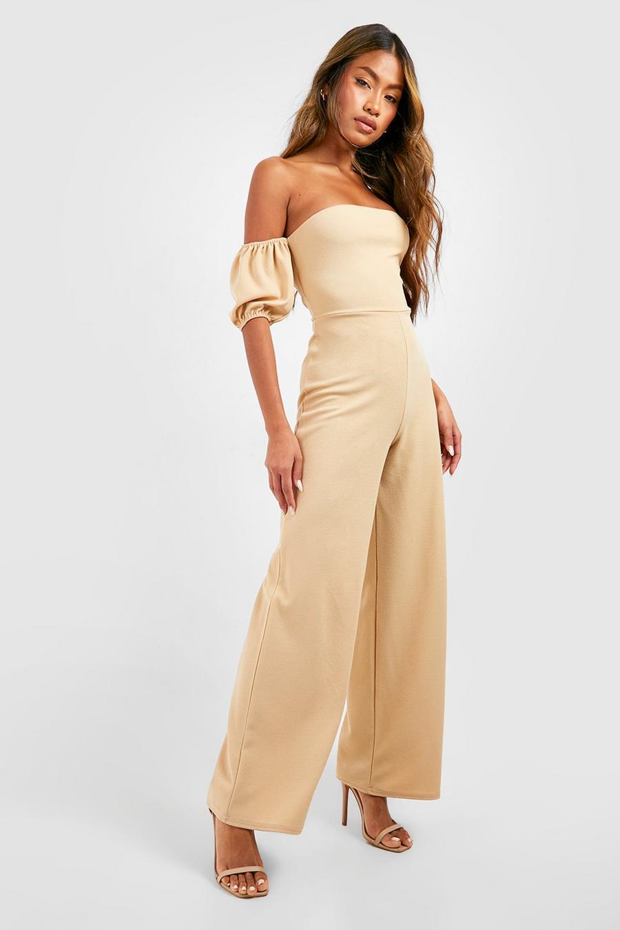 Stone beige Puff Sleeve Off The Shoulder Jumpsuit