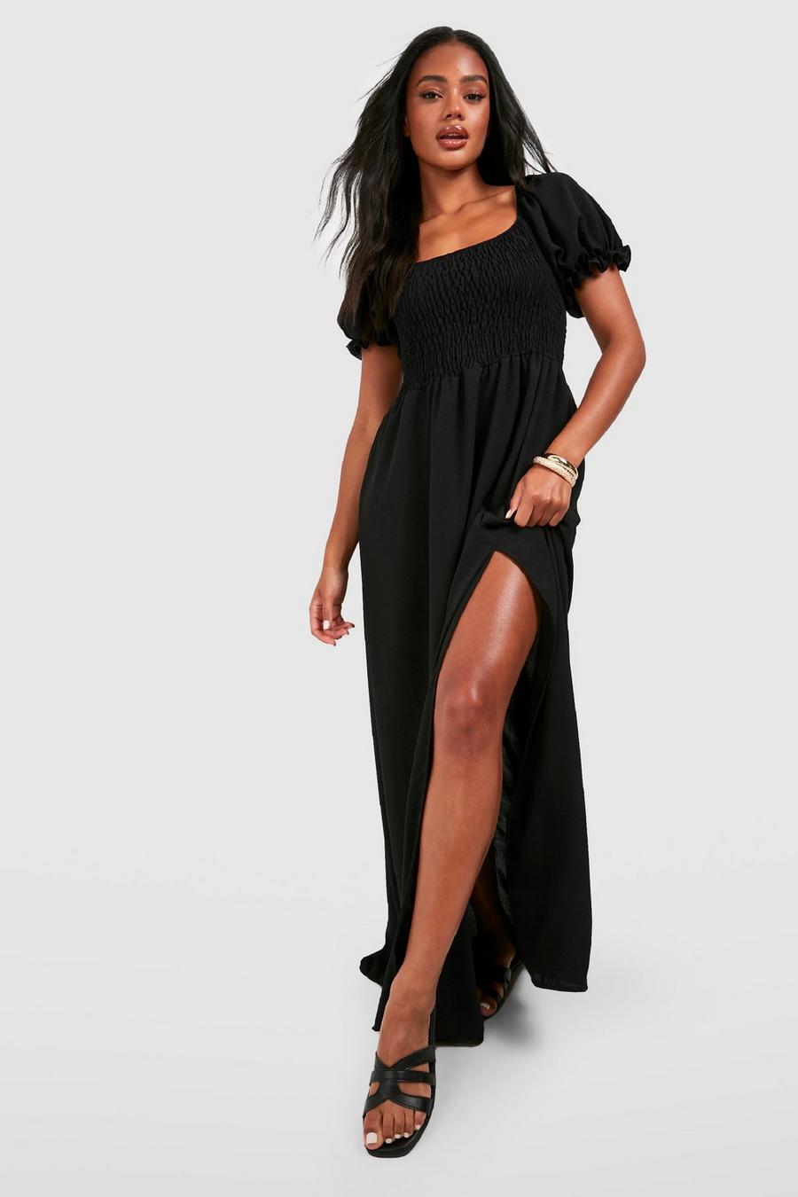 Black Puff Sleeve Shirred Maxi Dress
