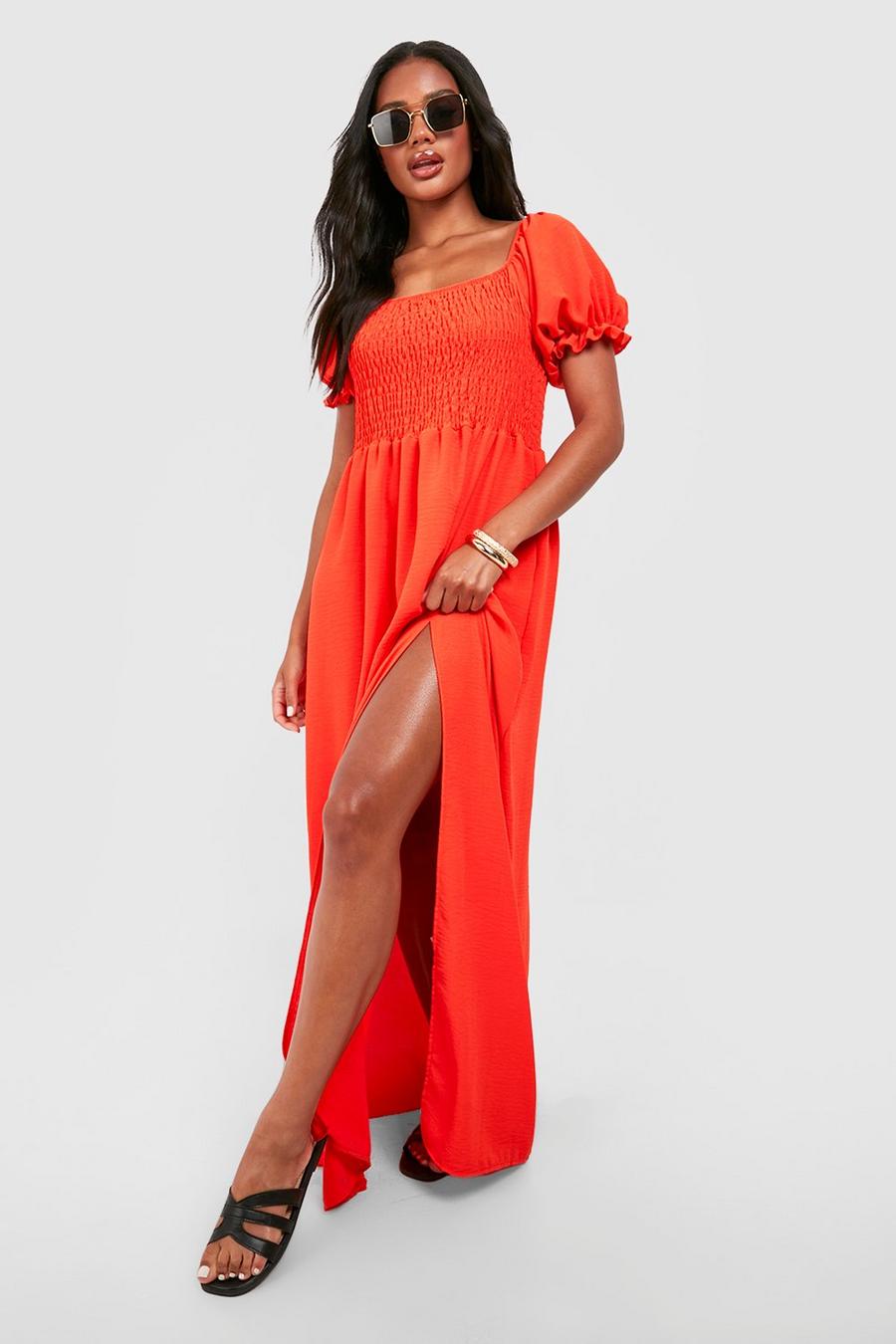 Red Puff Sleeve Shirred Maxi Dress image number 1