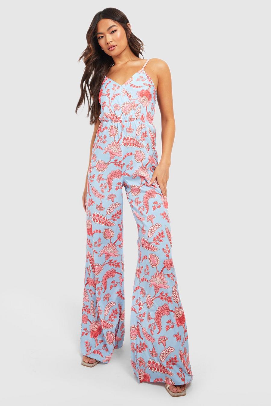 Blue Paisley Print Wrap Strappy Jumpsuit image number 1