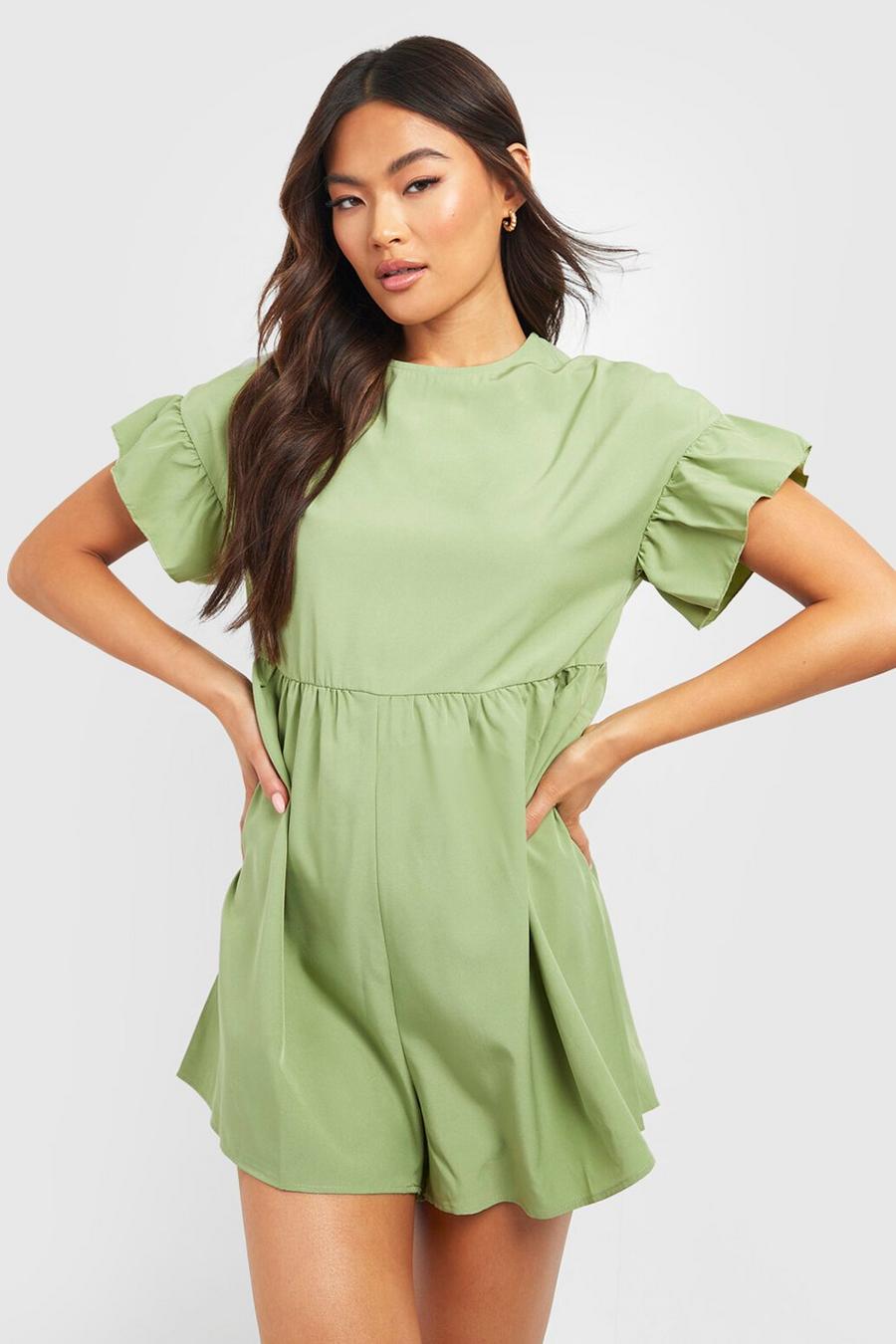 Sage green Frill Sleeve Smock Playsuit