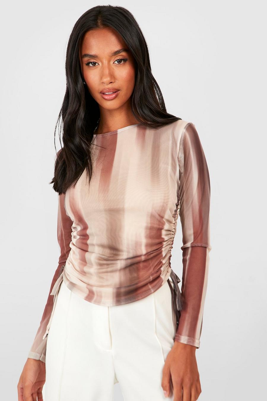 Natural Petite Abstract Mesh Ruched Side Top