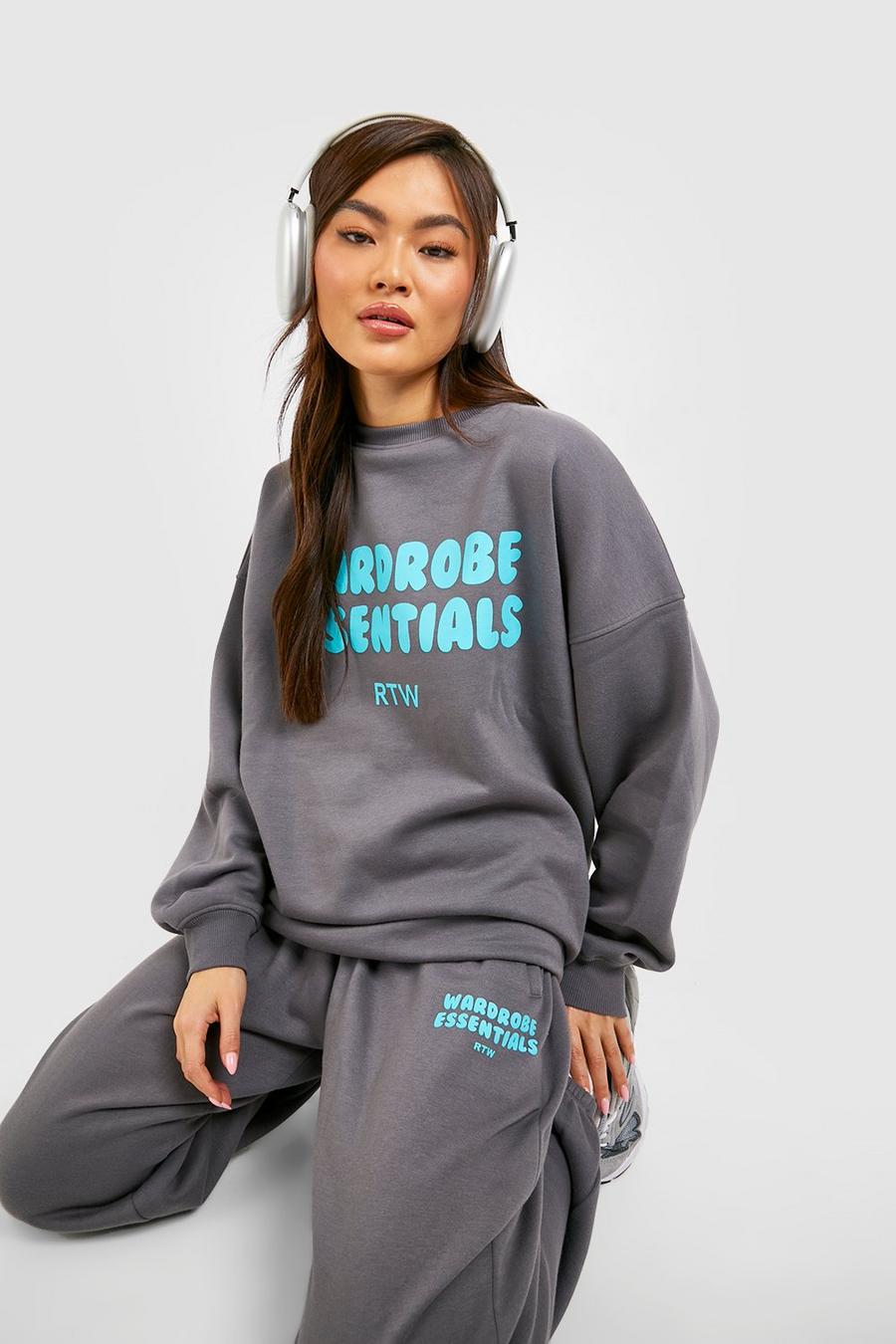 Super Oversize Sweatshirt-Trainingsanzug mit Wardrobe Essentials Print, Charcoal image number 1