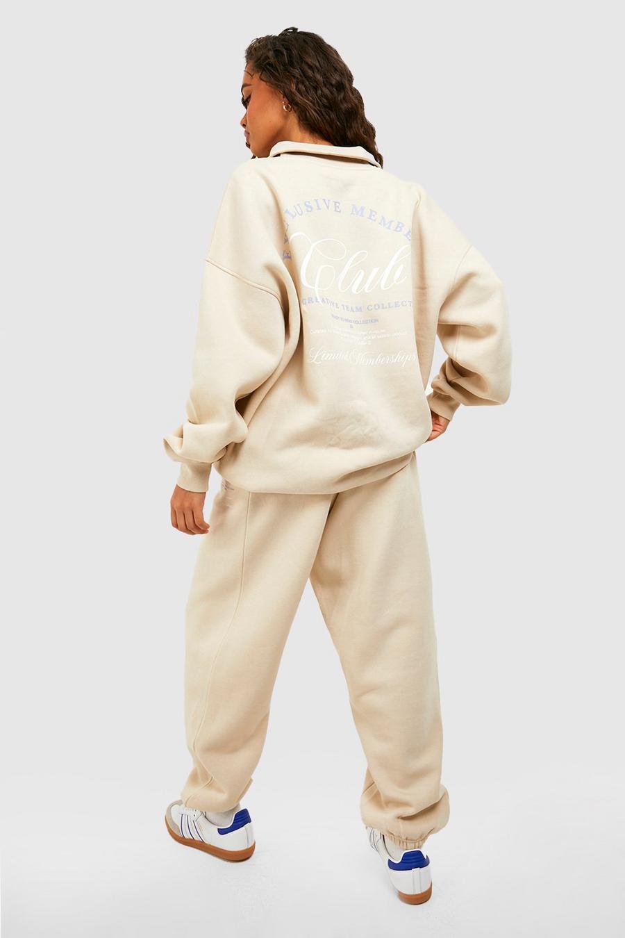 Super Oversize Sweatshirt-Trainingsanzug mit Slogan-Print und Reißverschluss, Ecru weiß