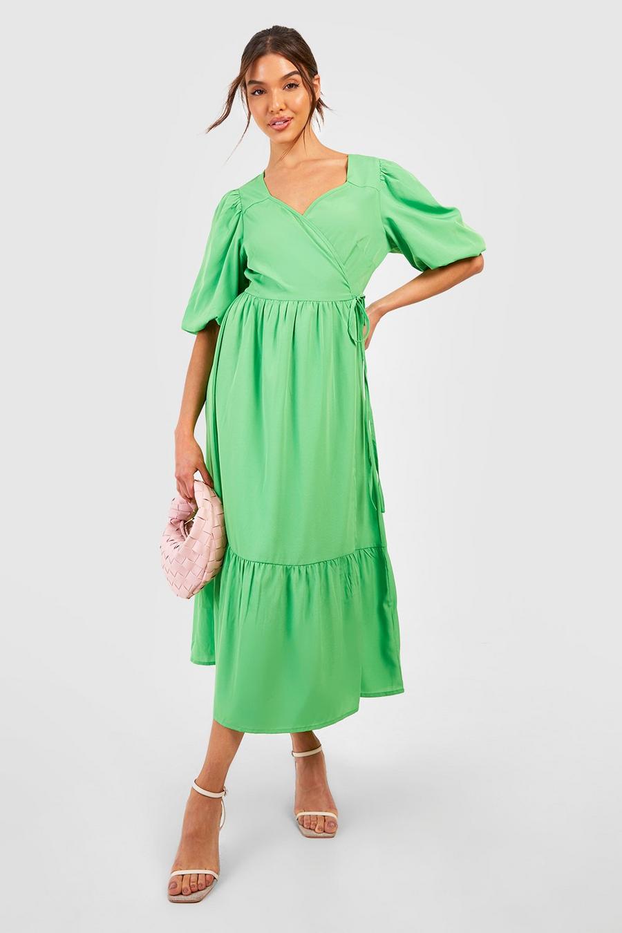 Green Wrap Puff Sleeve Midaxi Dress
