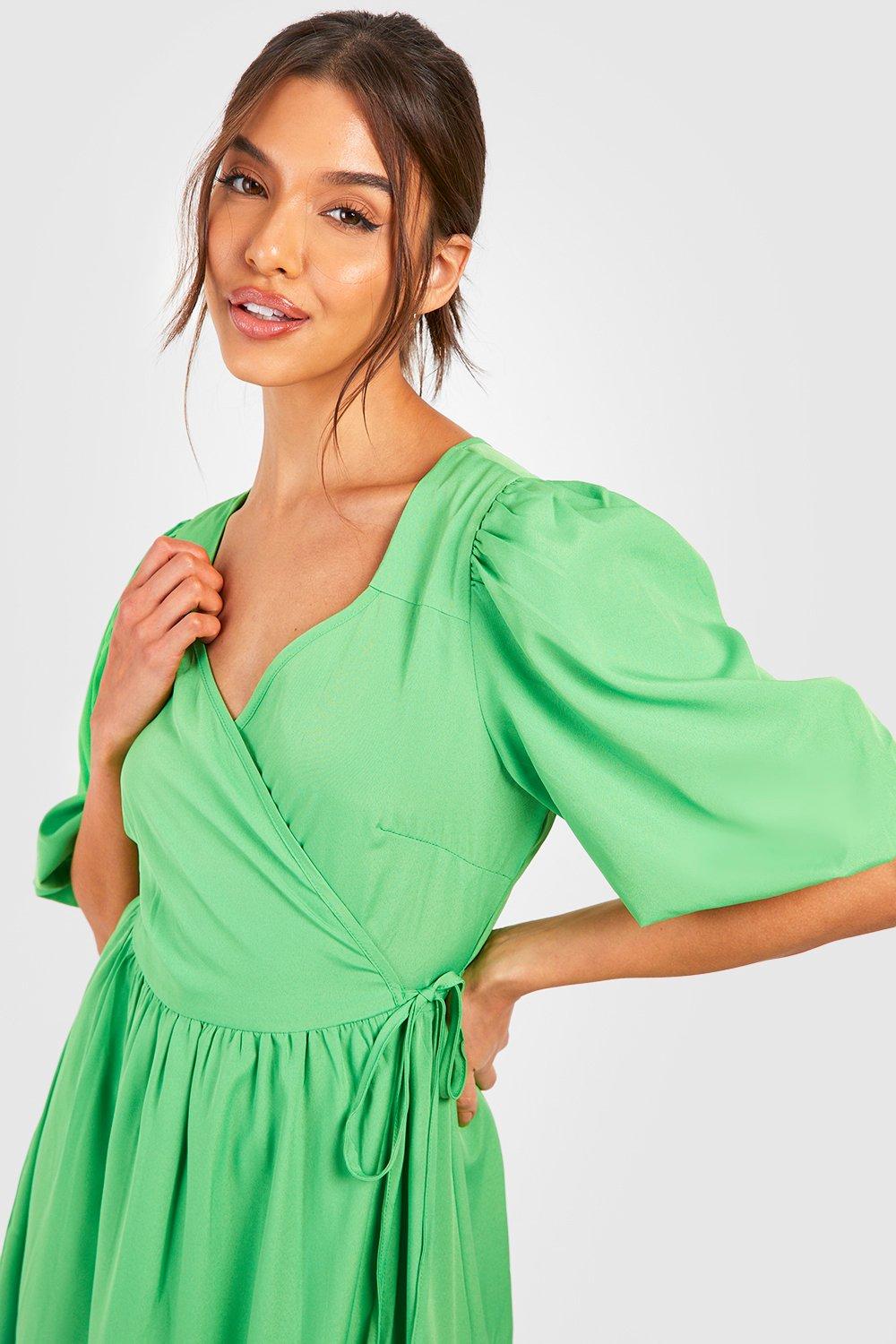 boohoo Wrap Puff Sleeve Midi Dress Green Size 6