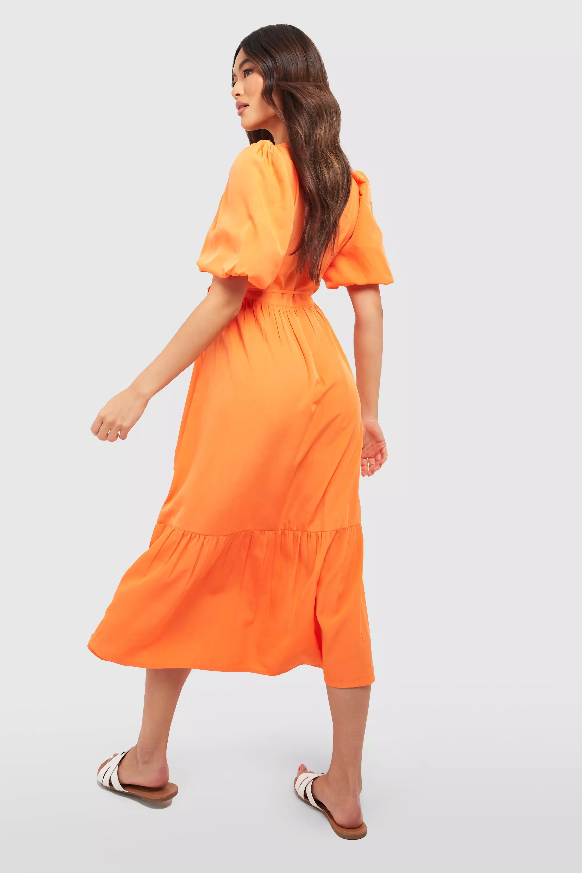 Orange Wrap Puff Sleeve Midaxi Dress alternative image